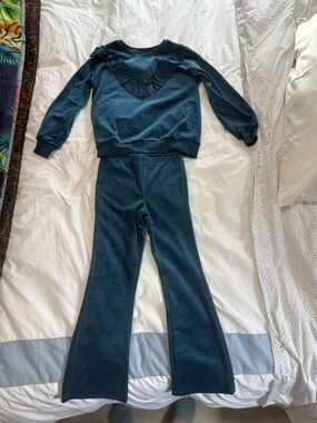 Tea Collection Teal Ruffle Sweatshirt and Flared Pants Set